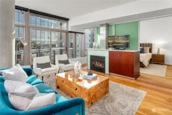 Bedroom across the living room has sliding glass doors to the left and right.