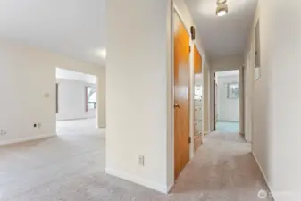 hallway to bedrooms and bath, from living room- the space is large!