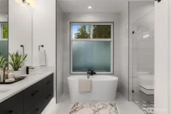 Picturesque primary bath featuring heated tile floors