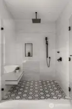 Curbless shower in the primary suite with high end plumbing fixtures
