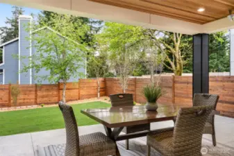 Main floor covered outdoor patio with electric heaters and a natural gas connection stubbed in