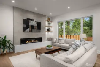 Great room with modern, linear gas fireplace and custom hearth