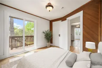 Main Floor bedroom with new slider - virtually staged