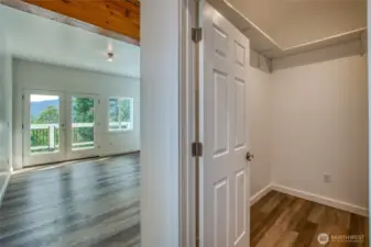 1 of 2 primary bedrooms on lower level with walk-in closet, primary bathroom, and washer/dryer.