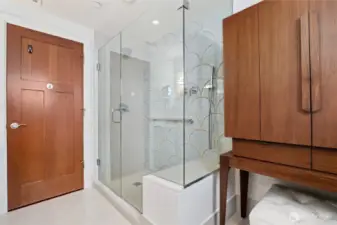 Large double headed shower. A built in tub was previously in the location of the wood chest. Plumbing still exists if you love a good soak!