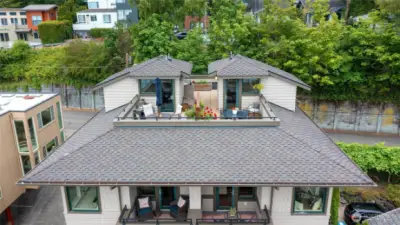The rooftop deck and deck off the living room are incredible! The views, space and sunshine is wonderful! 1/2 ownership with neighbor, the space is currently divided by greenery.