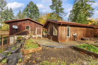 Fenced raised garden beds off the green house
