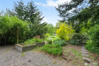 Garden spaces with mature shrubs and natural spaces behind
