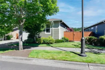 Front of the home showing side yard entry.  Solar panels provide energy savings.