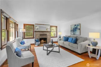 Wood wrapped windows and wood burning fireplace