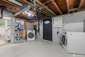 Section of basement with laundry and door to back yard