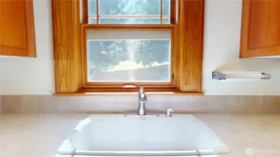 Kitchen sink window overlooks the mature backyard landscape