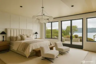 Lower level Primary bedroom suite enjoys serene views of Lake Washington. AI enhanced.