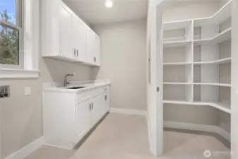 Laundry with cabinetry, wet bar and walk-in pantry