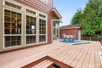 Beautifully maintained large deck with two levels offering separate spaces for your deck decor.