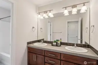 Guest bath with dual vanity