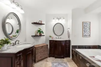 Primary bathroom with two beautiful vanities