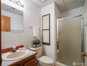 The downstairs bathroom is conveniently located between the two bedrooms ad offers a walk-in shower.