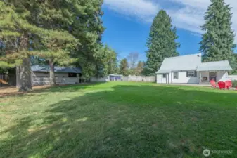 Backyard facing house, shed and chicken coop