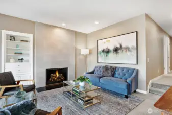 Tiled wood burning fireplace.