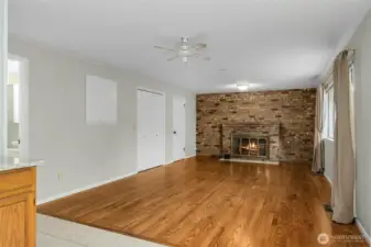 Family room with wood burning fireplace