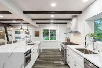 A true chef's kitchen with ample space, 2 dishwashers, and 2 kitchen sinks