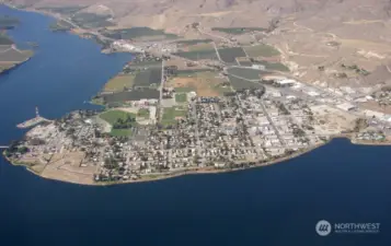 Aerial of Downtown Brewster on other side of Columbia River from Home and Land Parcels