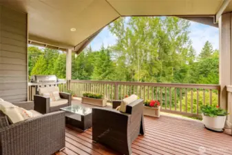 Large sliding glass doors open up to the covered back deck w/backyard access, seamlessly connecting indoor and outdoor living while enjoying the serene views of lush greenery.