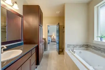 a spa-inspired ensuite featuring a soaking tub, walk-in shower, and dual vanities, as well as a boutique-style walk-in closet designed for effortless organization.