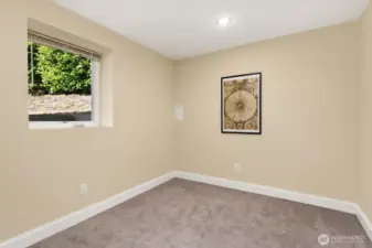 Tucked away downstairs, this bonus room offers a quiet retreat with soft carpet, recessed lighting, and a sunny window.