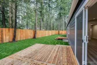Back deck with fully fenced yard