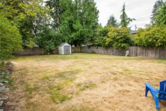 Large, mostly fenced back yard for entertaining or animals.