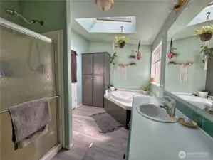 En suite bathroom with skylight and frosted window