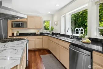 There is a pretty kitchen sink view out to the Storybook front gardens.