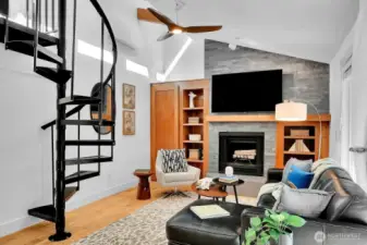 Wood-burning fireplace with built-in book cases