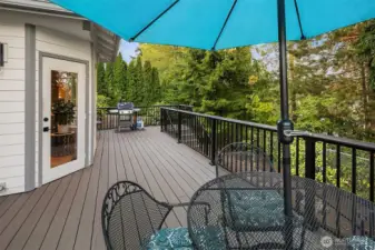 The backyard is set in woodland landscaping design for easy care and a natural setting. Down the stairs you will find a dedicated fire pit for year round enjoyment!