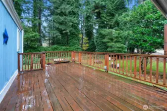 Large deck looks out over yard.