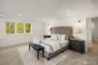 One huge closet to the left of the bedroom, and another through the bathroom on the right hand side of the bed