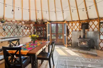 Free standing fireplace keeps things cozy in the warmer weather.