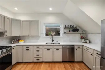 Kitchen with a bay window for natural light while cooking
