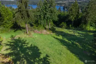 Looking down on 107 Wells Ridge Ct from the house above. White boundary markers divide this lot from 103 W.R. which is below. The two lots form a rectangle, divided at an angle across the middle. White marker line is the longest boundary and divides the two lots.