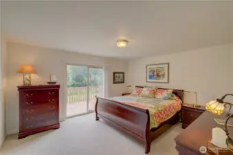 Main floor primary bedroom with walk in closet and access to the south facing rear deck.