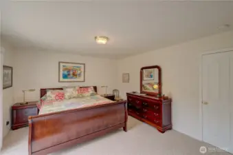 Main floor primary bedroom with walk in closet and access to the south facing rear deck.