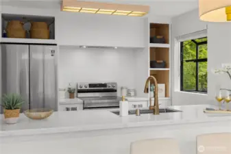 Quartz countertops, under-mounted work station sink and smart electric range.