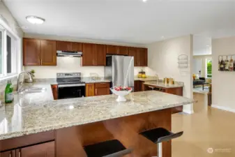 Granite countertops, stainless steel appliances and breakfast bar seating