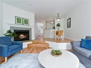 Living room with wood burning fireplace