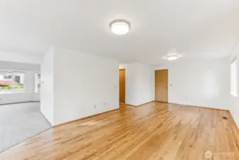 View of the open kitchen / family room area looking towards the dining room.