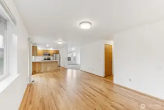 View of the family room looking towards the kitchen.