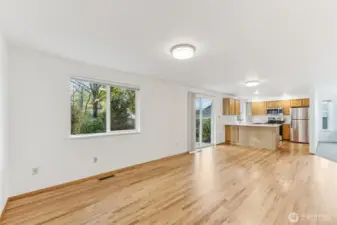View of the family room looking towards the kitchen.