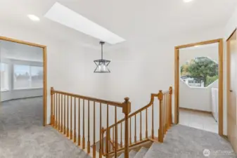 View from top of the landing upstairs.  Brand new carpet throughout and new light fixture.